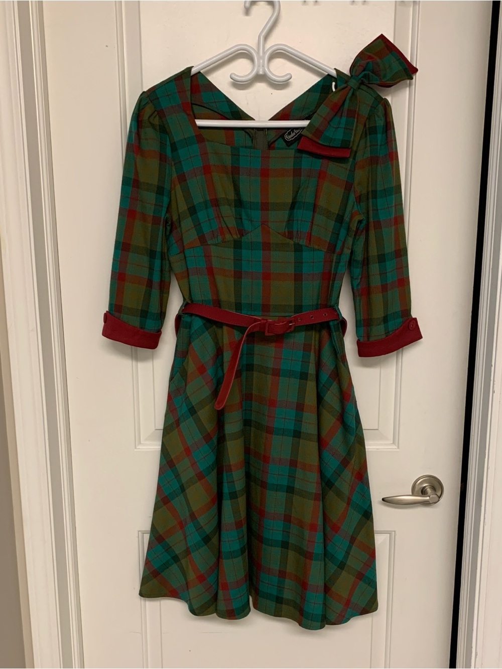 Voodoo Vixen Plaid Dress L Green Red Bow Belt Retro 50s Fit Flare Swing Pockets
